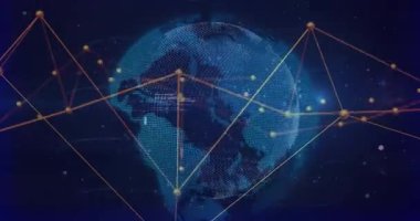 Backdrop fading triggers rotating globe connecting nodes with lines and code, visualizing network. Technology, connectivity, digital, innovation, cyberspace, data, networking