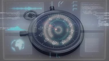 Code scrolling activating UI overlaying analog stopwatch, charts, pulsing rings visualizing metrics. Technology, data, visualization, futuristic, analytics, digital, interface