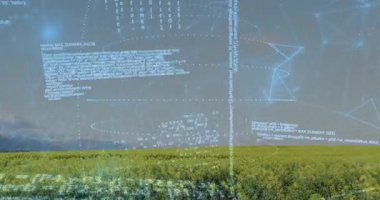 Faint code appearing over field, blocks sliding, rings forming, cascading code sphere emerging. Abstract, futuristic, technology, innovation, data, visualization, digital