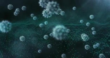 Çerçeveye giren ve dijital şebekeye dağılan dikenli kürelerin benzetimi başlıyor. Soyut, fütüristik, siber, teknoloji, görselleştirme, veri, yenilik