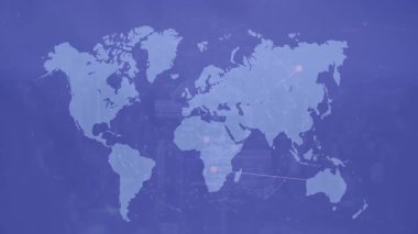 Dijital dünya haritası açılıyor, titreşim düğümleri görünüyor ve çizgilerle birleşiyor, küresel veri akışını gösteriyor. Küresel ağ, veri görselleştirme, bağlantı, siber teknoloji, dijital altyapı, bilgi akışı, geleceksel tasarım