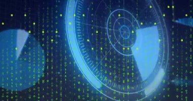 Izgara açılışı, kayan yeşil ikili akımlar dönen radar ekran çizimi arayüzü. Fütürist, teknoloji, dijital, arayüz, animasyon, siber alan, yenilik