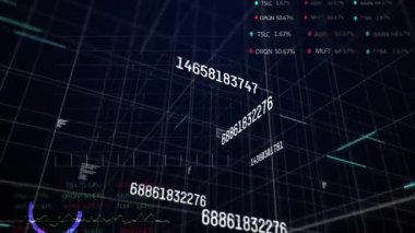 Karanlık kablo şebekesi açılıyor yüzen sayıları başlatılıyor üç boyutlu uzayda yer değiştiriyor hisse senedi verilerini görselleştiriyor. Fütüristik, veri görselleştirme, dijital, soyut, teknolojik, etkileşimli, yüksek teknoloji