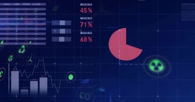 Izgara başlangıcında HUD yükleme endeksleri, canlandırma grafikleri ve eko verilerini izleyen sürüklenen yeşil simgeler. Teknoloji, analitik, görselleştirme, sürdürülebilirlik, finans, ön panel, yenilik