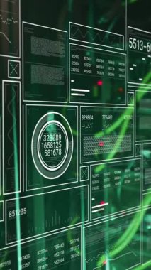 Grafiklerin animasyonu, çubuklar ve daireler servis rafları üzerinde değişen numaralarla yükleniyor. Dijital bileşik, çoklu pozlama, rapor, iş, ilerleme, büyüme, teknoloji ve ağ sunucu kavramı.