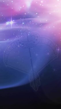 Parlayan yıldızların üzerindeki yay burcu sembolünün animasyonu. yıldız falı ve burç imzası konsepti dijital olarak oluşturulmuş video.