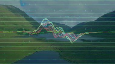 Gölü ve tepeleri kaplayan ızgara göründüğünde, dalga biçimi izleri göl ve tepelerde salınıyor, veri akışını görselleştiriyor. Doğa, manzara, görselleştirme, soyut, uyum, dinginlik, teknoloji