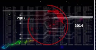 Kırmızı küre ve halka döndürme başlatılıyor. 2001 'den 2021' e kadar zaman çizelgesi güncelleniyor. Teknoloji, veri görselleştirme, dijital arayüz, fütüristik, ağ, analitik, yenilik