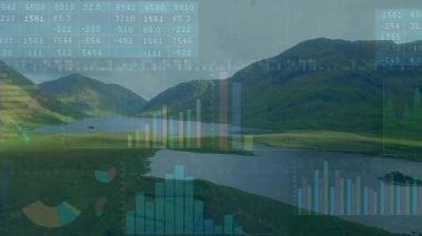 Göl çizelgelerinin, turta segmentlerinin ve grafik çizgilerinin üzerinde kayboluyor. Doğa, veri görselleştirme, bilgi, dinginlik, modern tasarım, çevre analizi, profesyonel