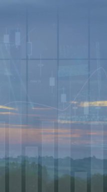 Günbatımı gökyüzü ve ormanın hava manzarası üzerinden istatistiksel veri işleme animasyonu. Bilgisayar arayüzü ve iş veri teknolojisi kavramı