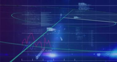 Belirsiz bir parıltı yükselmeye başlıyor, halka dönüyor, dalga formları eğilimleri gösteriyor. Teknoloji, veri, görselleştirme, fütürist, analitik, dijital, arayüz
