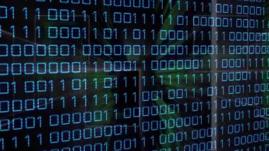 Yeşil darbeler veri akışını görselleştirirken mavi çift haneli rakamlar ekranda beliriyor. Teknoloji, veri, dijital, ağ, bilim, yenilik, bağlantı