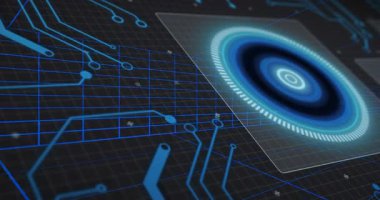 Açılma ızgarası yarı saydam paneli gösteriyor. Kamera kayarken nabız halkalarını ve neon hatlarını canlandırıyor. Gelecek, teknoloji, sanal, dijital, arayüz, neon, siber