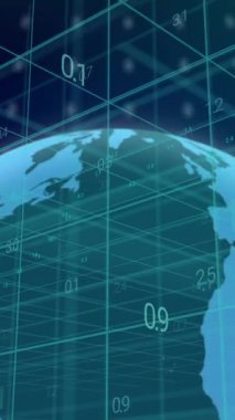 Dönen dünya ve ızgara arkaplan üzerinde dijital ağ ve bilgisayar simgeleri canlandırması. Teknoloji, bağlantı, internet