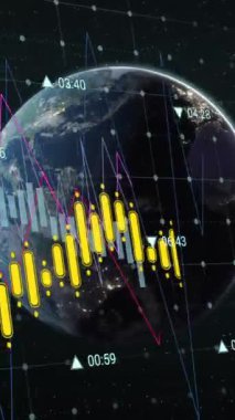 Siyah arkaplanda dünya ile şebeke üzerinden veri işleme animasyonu. Küresel ağ ve iş veri teknolojisi kavramı