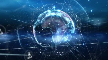 Parlayan 3D dünya dönüyor, solan kullanıcı avatarları parlayan çizgiler küresel ağı gösteriyor. Gelecek, bağlantı, siber uzay, dijital, teknoloji, ağ, görselleştirme