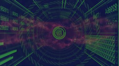 Tünelde ortaya çıkan mor bulut arayüz atımını başlatıyor, veri işleme için paneller güncelleniyor. Fütürist, dijital, görselleştirme, teknoloji, sürükleyici, soyut, siber