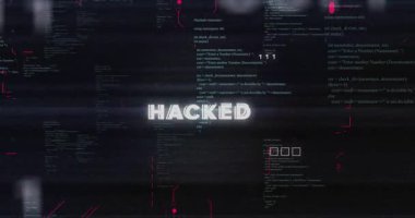 Arayüz yüklendiğinde, HACKED metin arızalanması ve titreşimi, çift haneli rakamlar akışı, gedik göstergesi. Siber güvenlik, dijital arıza, teknoloji, şifreleme, ağ, fütüristik