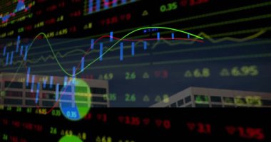 Başlangıç grafiğinde eğilim eğrilerinin canlandırılması, turta döndürme ve pazar eğilimlerini temsil eden kaydırma çubukları. Veri görselleştirme, finans, analitik, iş büyümesi, dijital arayüz, yatırım, pazar analizi