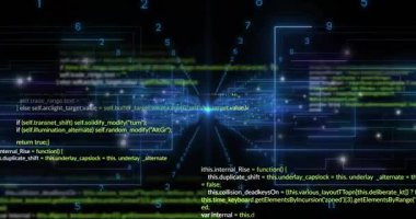 Parlak mavi nokta ışınları başlatıyor, kod blokları ağları görselleştirmek için titreşen sayılar olarak kayboluyor. Teknoloji, siber uzay, veri, dijital, ağ, arayüz, yenilik