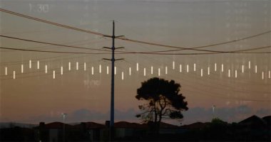 Parlayan çubukların solması, direğin ve ağacın çekilmesi, kulelerin yükselmesi ve çizgi grafiğinin eğilimleri göstermesi. Kamu hizmetleri, altyapı, veri görselleştirme, endüstri, alacakaranlık, teknik, modern