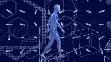 Donanma arka planında insan vücudu modeli ve veri işleme animasyonu. Bilim ve veri işleme kavramı dijital olarak oluşturulmuş video