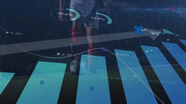 Soccer player dribbling forward under floodlights activating bar charts data tickers for finance. Athlete, stadium, analytics, visualization, sports, digital, competition
