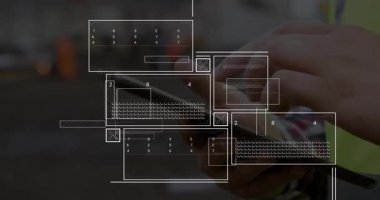 Technician holding tablet in industrial site, showing panels updating data as finger tapping panel. Technology, data visualization, interface, industrial, analysis, digital, automation