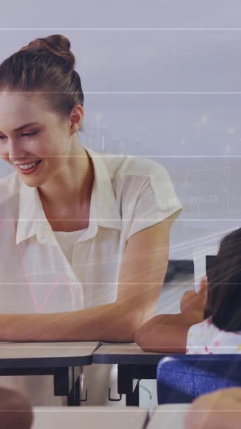 Animation of graphs over caucasian female teacher and class of diverse pupils. School education finance and learning with technology concept digitally generated video.