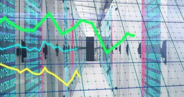 Parlayan LED ışıkları sunucu dolaplarını aydınlatıyor veri merkezi koridorunu dijital olarak örtüyor. Teknoloji, veri, siber güvenlik, dijital, altyapı, otomasyon, bağlantı