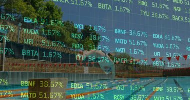 Yüzme takımlarıyla dalış yapan yüzücü, başlangıç bloğundan açık havuz suyuna, şerit halatları ve bayraklarla atlıyor. Sporcu, yarışmacı, su sporu, performans, yaz, aktif