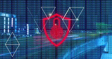 Kırmızı kalkan simgesi, asma kilit ve hedef halkaları dijital gösterge panelinde, akış kodu ile gösteriliyor. Siber güvenlik, veri koruması, dijital güvenlik, ağ savunması, istihbarat, şifreleme, bilgi güvenliği