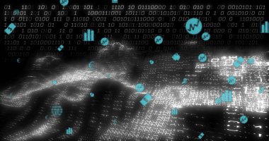 Beyaz bitler ve turkuaz analiz simgeleriyle siber uzayda merkezi ikili dalga yayını. Teknoloji, veri, dijital, ağ, iletişim, yenilik, fütürizm