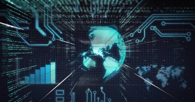 Holografik Dünya küresi panel içinde dönüyor, devre izleri, yayın kodu, harita, harita örtüsü. Futuristik, teknoloji, dijital, veri, arayüz, görselleştirme, yenilik