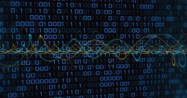 Parlak ikili haneli veriler ve analitik ızgara ekranında neon dalga biçimi çizgileri görselleştiriliyor. Fütürist, siber, neon, dijital, teknoloji, soyut, matris