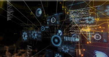 Sanal uzayda parlayan düğümlerle kod, grafik ve harita verilerini gösteren 3 boyutlu UI panelleri yansıtılıyor. Teknoloji, veri görselleştirme, siber güvenlik, dijital arayüz, fütüristik, soyut, bağlantı