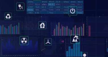 Geri dönüşüm, dolgu simgeleri ve çubuk grafikleriyle enerji verilerini koyu ekran üzerinde gösteren gösterge paneli gösteriliyor. Analizler, sürdürülebilirlik, teknoloji, yenilik, veri görselleştirme, çevre dostu, endüstriyel