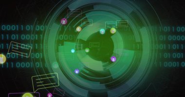 Veri gösterge panelinde merkezi yeşil HUD gösteriliyor, sohbet baloncukları, ikili akışlar ve ağ çizgileri ile. Futuristik, dijital, arayüz, teknoloji, siber, ağ, veri