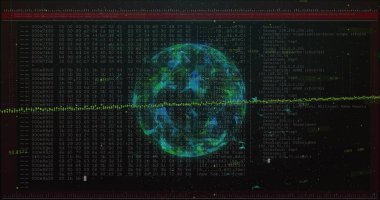 Holographic sphere floating in interface, with hex code, ASCII output, green waveform, log overlay. Cybersecurity, data visualization, digital interface, network analytics, technological, futuristic, system monitoring
