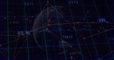 Ağ çizgileri, şebeke ve yüzen veri etiketleri ile gösterge panelinde dönen noktalı 3D küre gösteriliyor. Teknoloji, veri, görselleştirme, analitik, dijital, siber, bağlantı