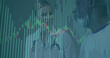 Smiling white coat doctor talking with patient in office, stethoscope and financial chart overlay. Medical, healthcare, analysis, consultation, professional, diagnostics, data