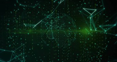 Parlayan düğümler, ikili kod ve ince çizgilerle yeşil veri uzayında dönen noktalı dünya küresi. Teknoloji, bağlantı, dijital, ağ, gelecekçilik, yenilik, siber uzay