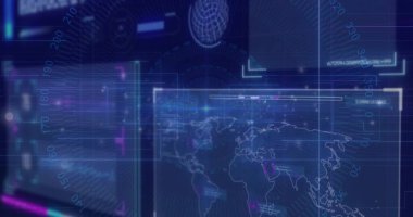 Ağ işletim arayüzünde, kılavuz çizgileri ve parlayan veri akışlarıyla dünya haritası paneli gösteriliyor. Gelecek, teknoloji, arayüz, holografik, veri, dijital, görselleştirme