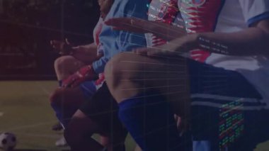 Soccer players lifting knees keeping form on field, generating financial chart overlay for analysis. Athletes, teamwork, fitness, data visualization, analytics, technology, sports