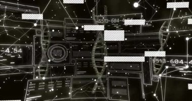 Upon helix appearing DNA model spinning while bars sliding and nodes pulsing illustrating data flow. Futuristic, digital, visualization, scientific, technology, vibrant, connectivity