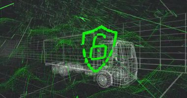 Shield appearing, padlock unlocking while data flowing past wireframe truck monitoring security. Cybersecurity, digital infrastructure, data transmission, logistics, technology, cyber protection, visual simulation