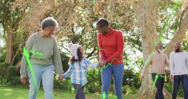Stepping onto sunlit lawn, family walking with green growth metrics rising in finance animation. Family, outdoor, autumn, harmony, connection, nature, community