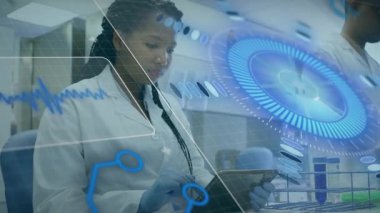 Female scientist tapping tablet screen among test tubes, activating AR HUD for real-time analytics. Technology, innovation, research, futuristic, data, analytics, science