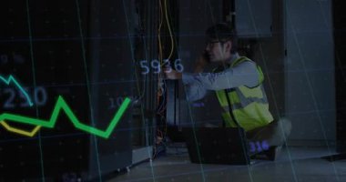 Technician kneeling before rack inspecting wiring, showing tech overlays coordinating support call. Industrial, technology, innovation, data, connectivity, engineering, maintenance