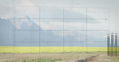 Grid fading in over yellow crop adding numeric axes tracing line and animating bars showing trends. Data, analytics, visualization, infographic, statistics, forecasting, digital